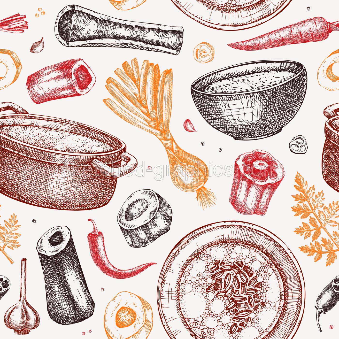 Healthy food background. Marrow bone broth, hot soup served on plates, pans, bowls, vegetables, organ meat, marrow bones sketches. Hand drawn vector illustrations. Homemade food seamless pattern Illustration